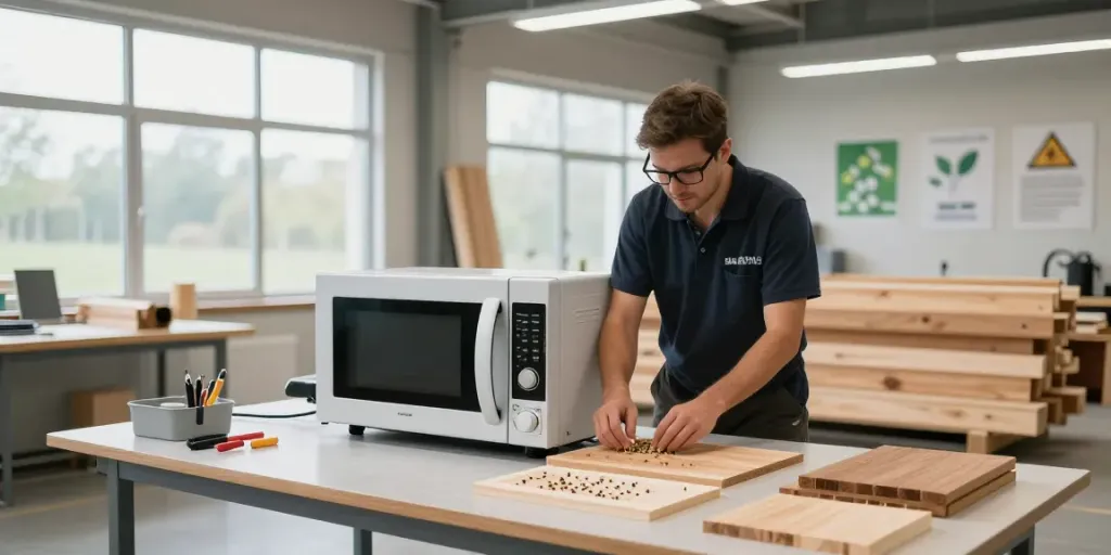 Shashel® equipment eliminating wood-boring insects in a modern workshop.