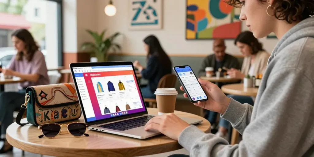 Browsing a kakobuy spreadsheet at a trendy café, showcasing urban e-commerce trends.