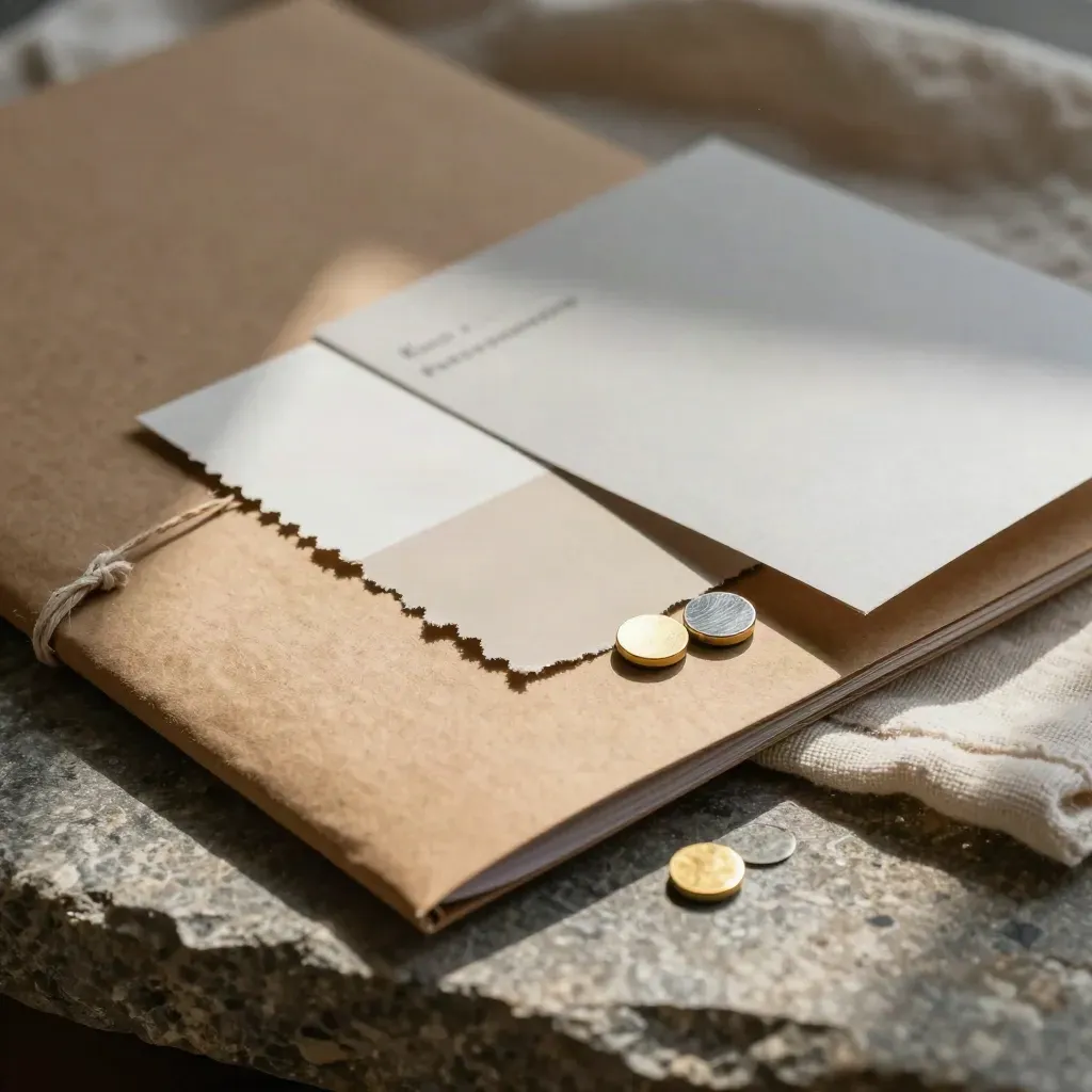 Kraft quote packet with swatches and metal chips tucked in cloth on stone, lit warmly in macro.