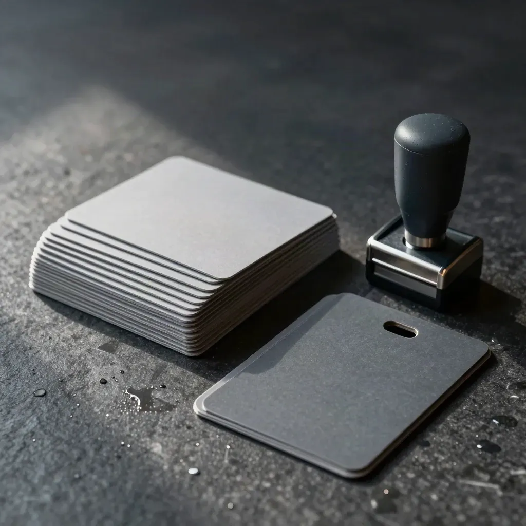 Logistics kit on wet charcoal stone with parcel tags, stamp block, and transit cards in dramatic light.