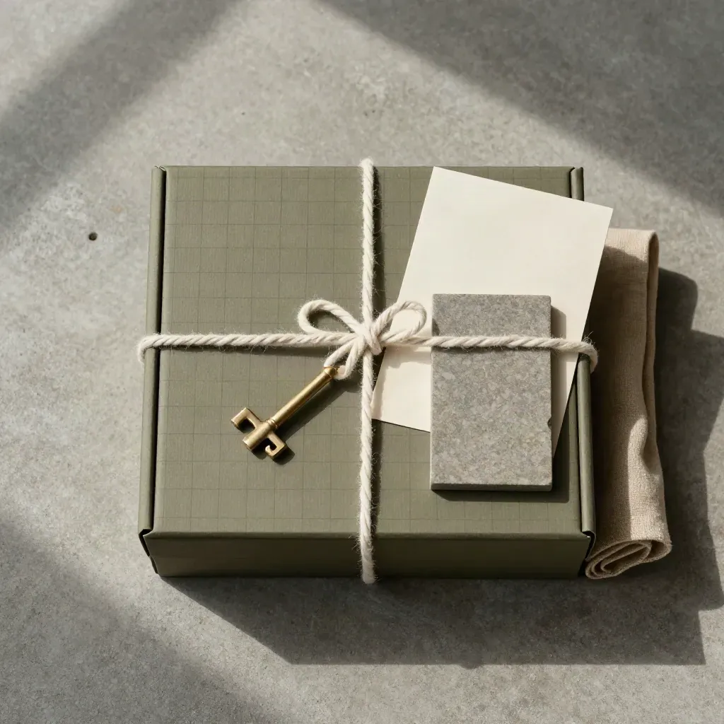 Overhead flatlay of a sealed project closeout pack with cord, cloth, stone sample and card on concrete.