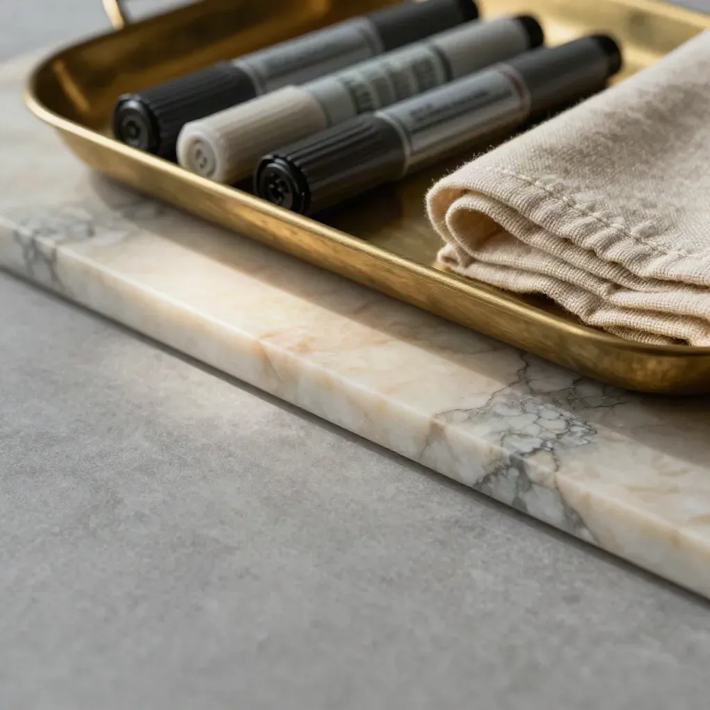 Marble slab with brass tray and slate markers under soft upper-left light.